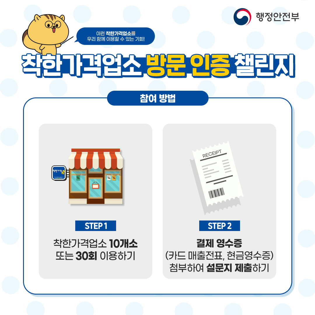 착한가격업소 방문 인증 챌린지 참여 방법 ① 착한가격업소 10개소 또는 30회 이용하기

② 결제 영수증(카드매출전표, 현금영수증) 첨부하여 설문지 제출하기